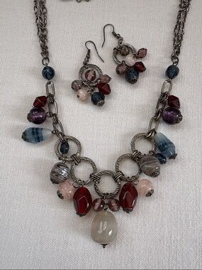 Premier Designs Glass & Stone Beaded Statement Necklace and Earring Set